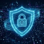 Glowing digital shield made of binary code representing malware protection