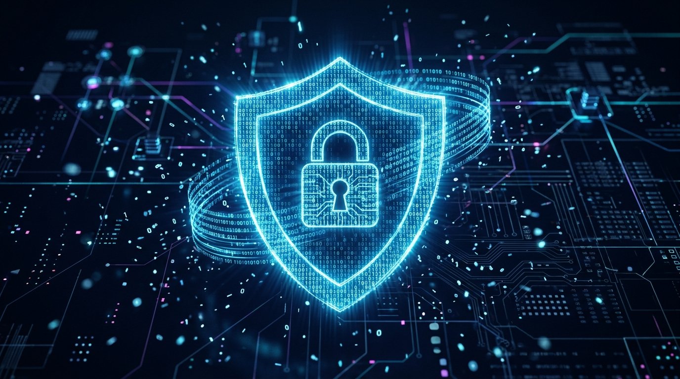 Glowing digital shield made of binary code representing malware protection