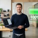 Man holding open laptop with full green battery indicator showing long battery life