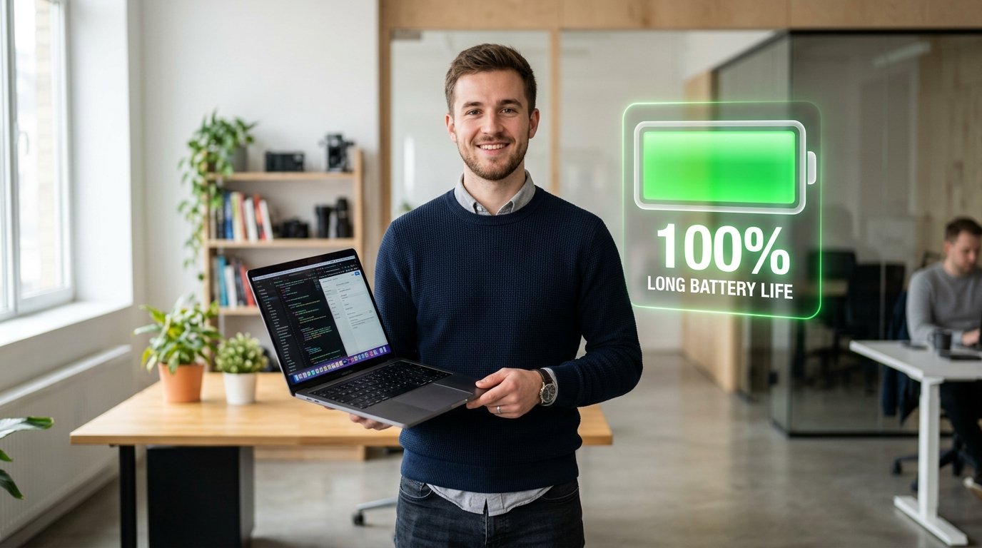 Man holding open laptop with full green battery indicator showing long battery life