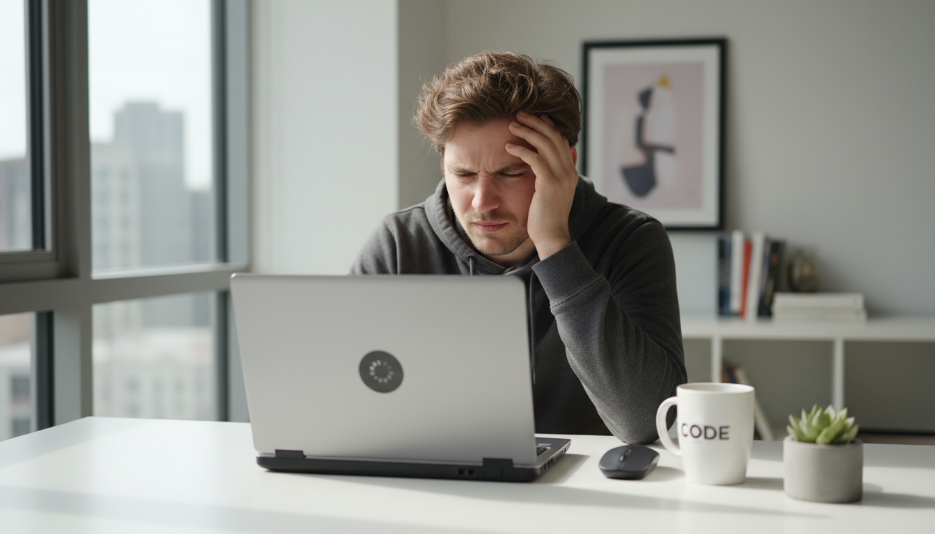 slow laptop loading on a clean desk workspace